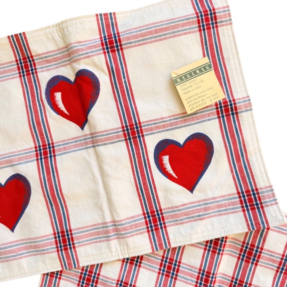 Set of 2 Red White Blue‎ Plaid Heart Kitchen Placemat Set Valentines Day Cotton
